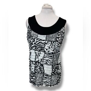 Janeric Women’s Scoop Neck Ruffled Layers Black White Sleeveless Tank Top L